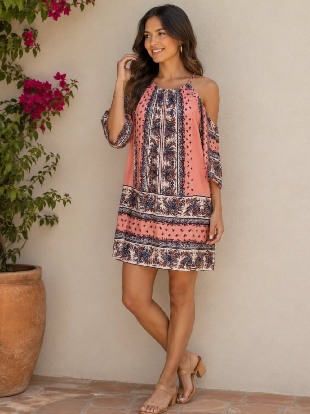 Wrangler Boho Kaleidoscope Cold Shoulder Dress Rose Multi Patterned Sz M